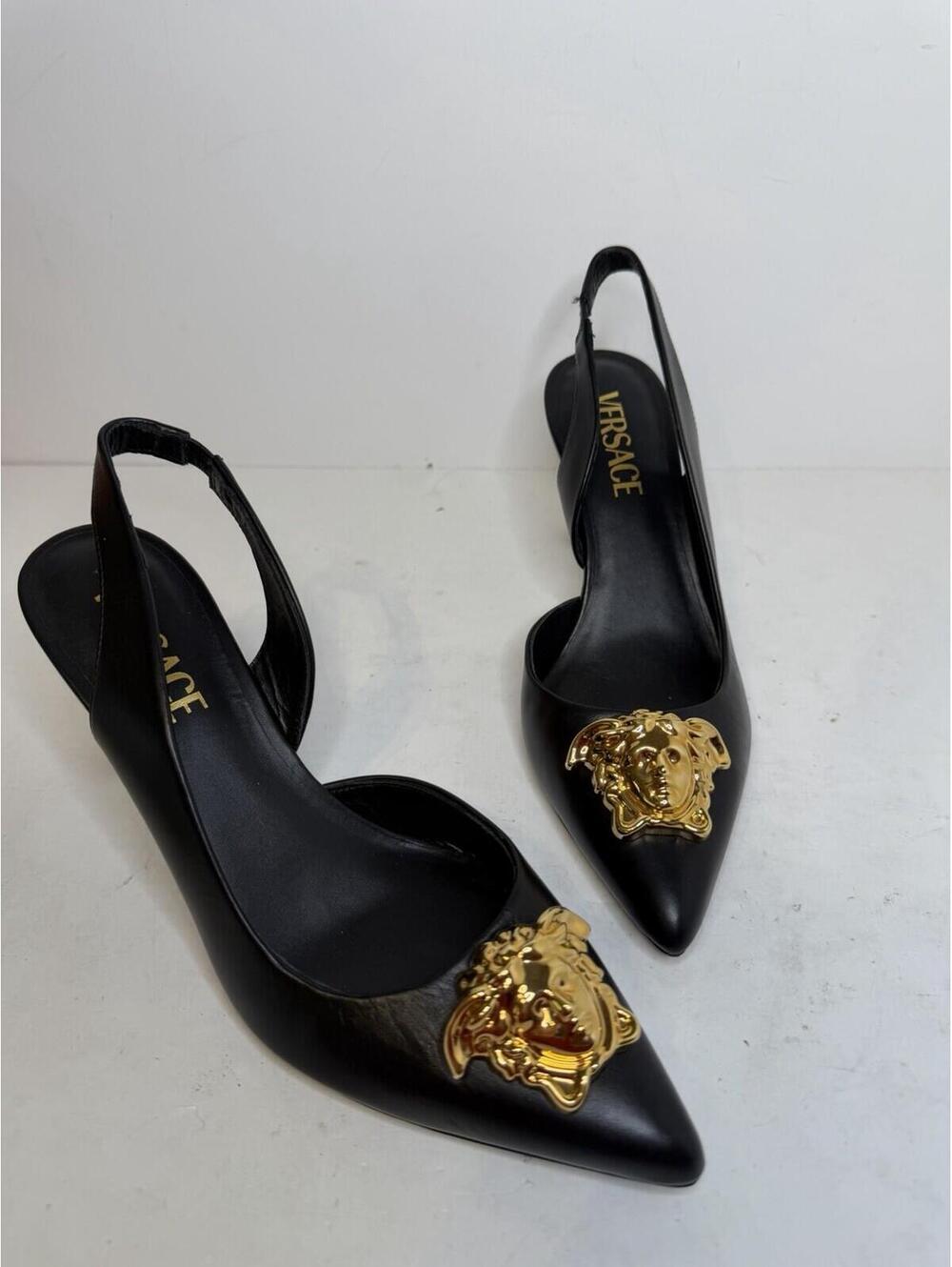 Versace Medusa Slingback Heels Black Gold Pointed Toe Pumps EU 37 New